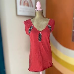 Synergy Organic Red with Feathers Sleeveless Shirt